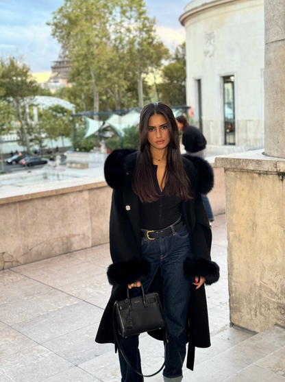 Manteau Yvanna Long Cachemire & Fourrure Noir