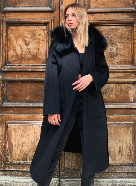 Manteau Myriam Long Cachemire & Fourrure Noir